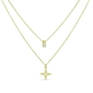 Κολιέ Διπλή Αλυσίδα Μονόπετρο με Σταυρουδάκι από Κίτρινο Χρυσό Κ9 με Ζιρκόν ΚΡ3050